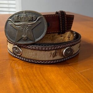 Badger Handtooled Leather Belt w/1987 Marlboro Solid Brass Buckle Size 44 Brown